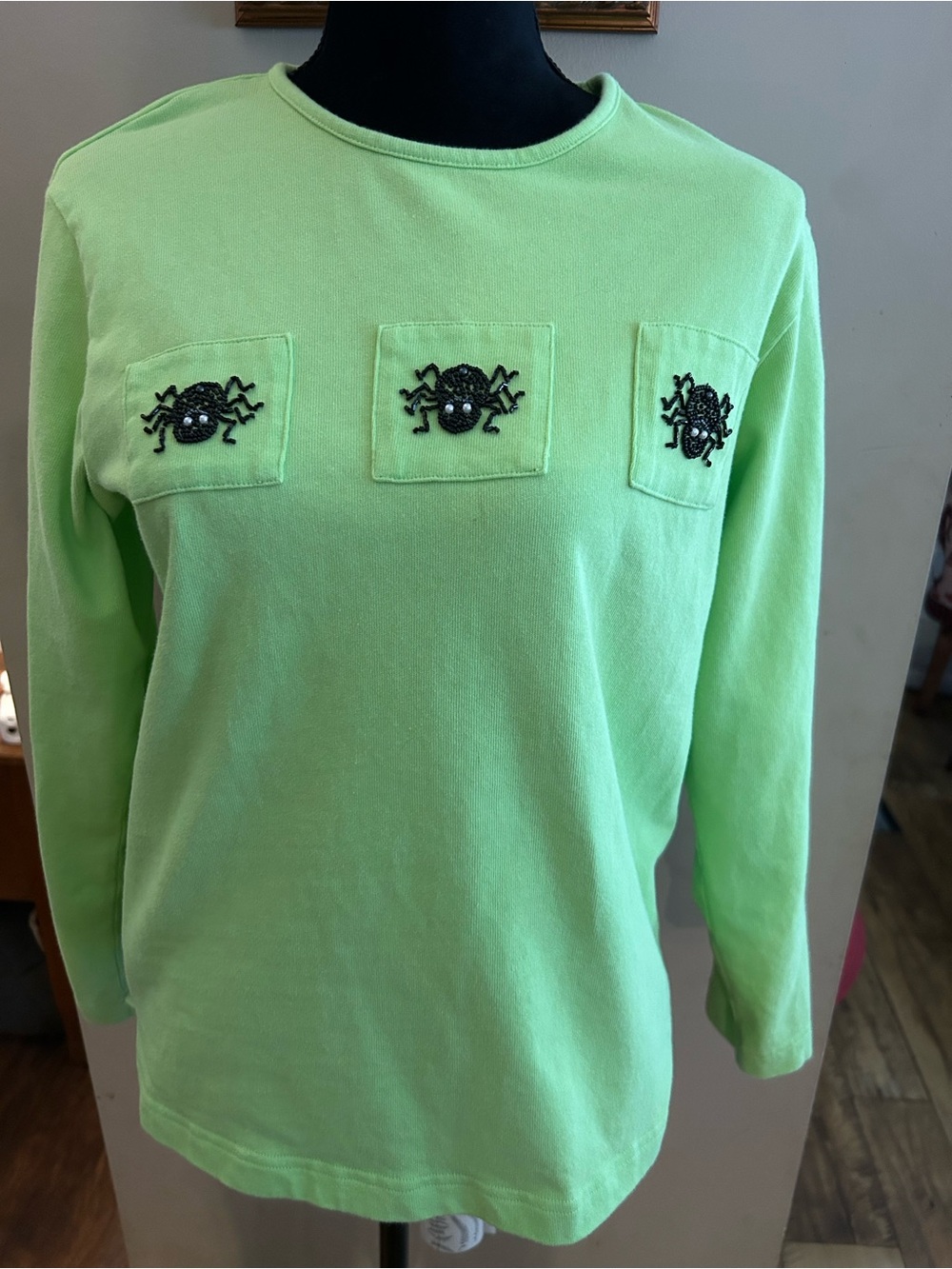 Quacker Factory Lime Green Long-Sleeve Top with Spider Appliqués
